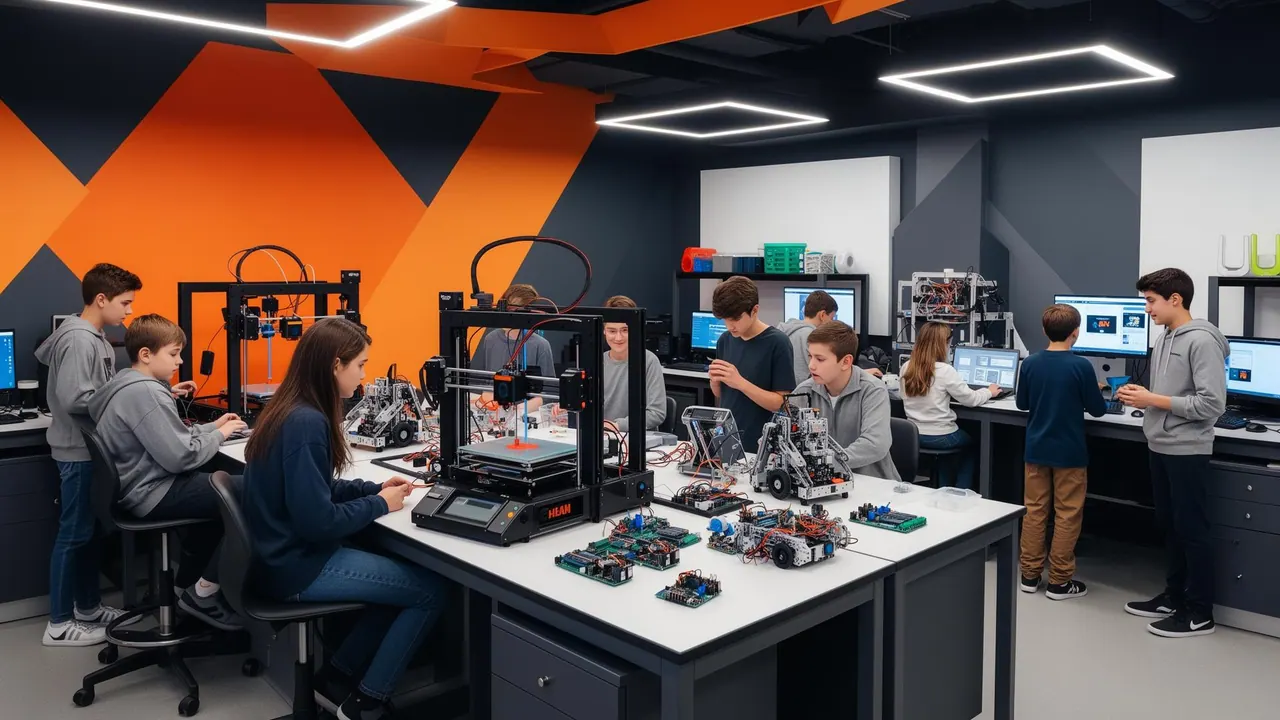 Students working on electronics and robotics in a STEAM lab